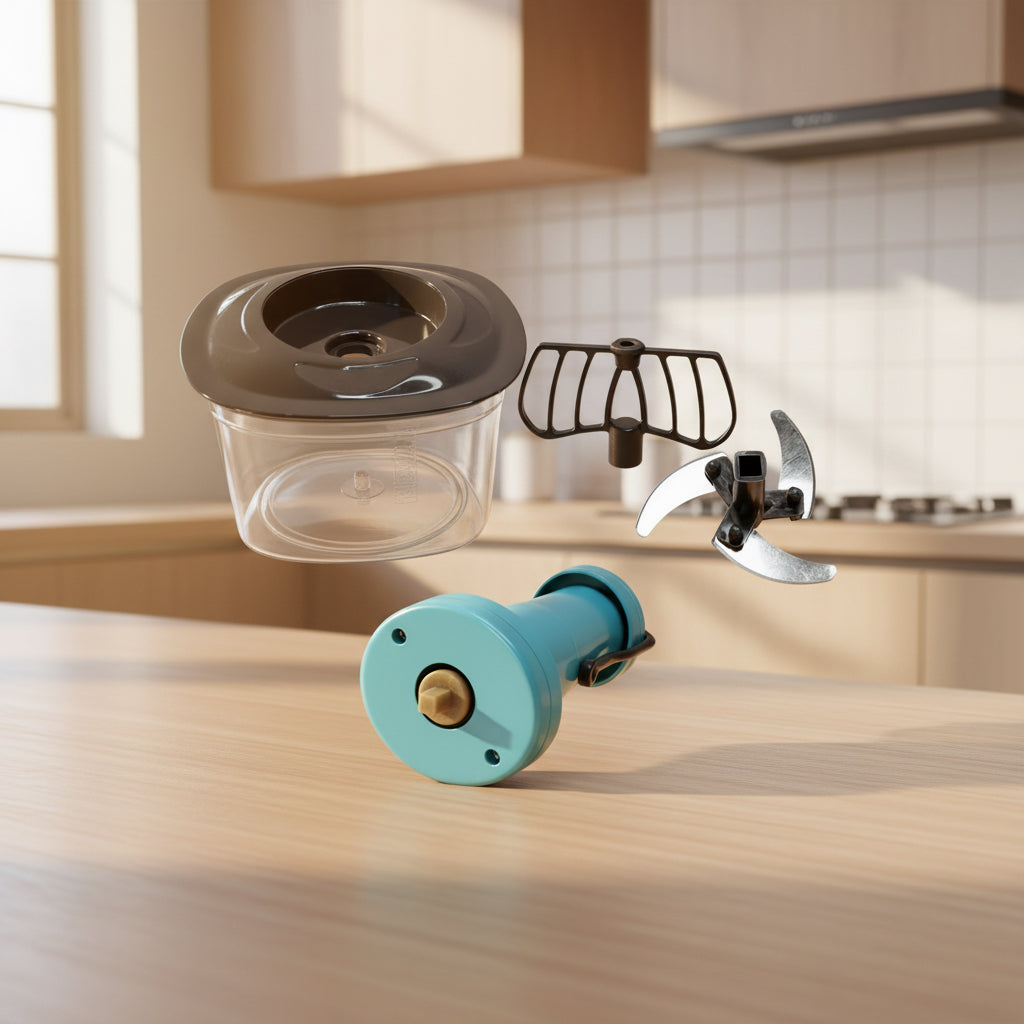 Set of kitchen appliance parts including a blue base, clear container with black lid, and additional attachments on a white background.
