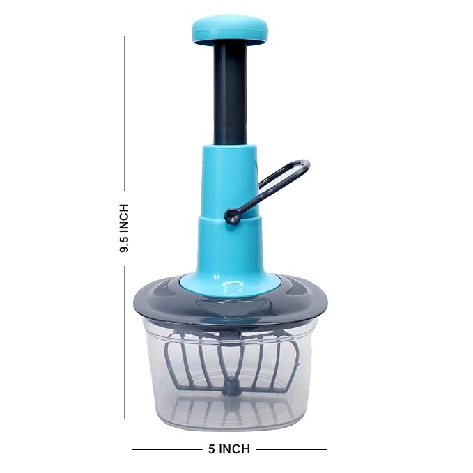 Blue and black kitchen chopper with measurements on a white background