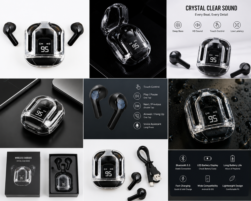 Crystal Wireless Earbuds with LED Display & Charging Case