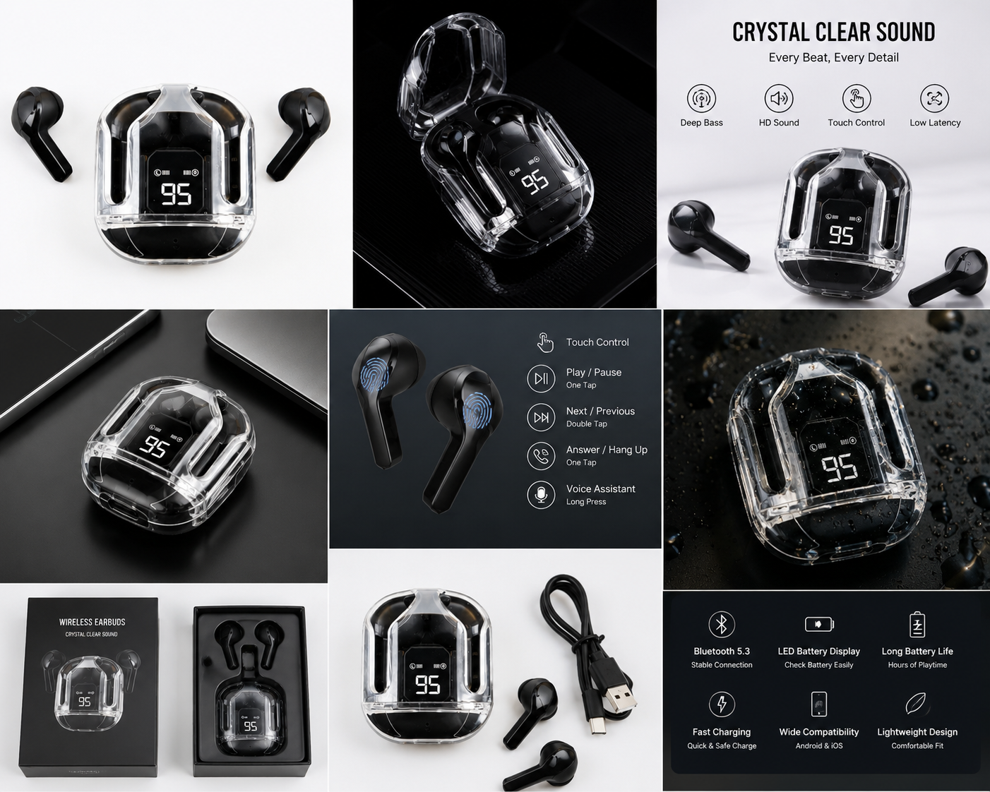 Crystal Wireless Earbuds with LED Display & Charging Case