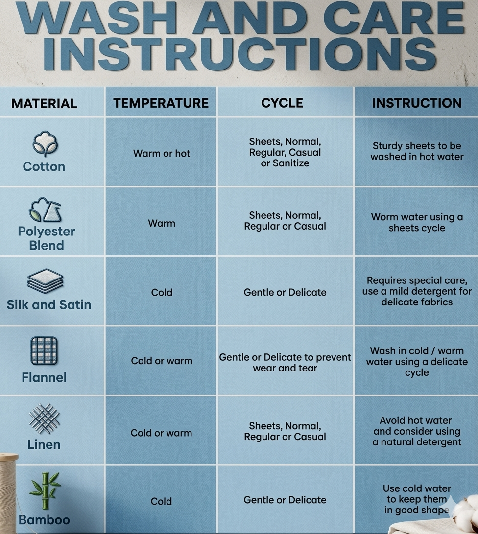 Wash and care instructions chart for different fabric types on a blue background