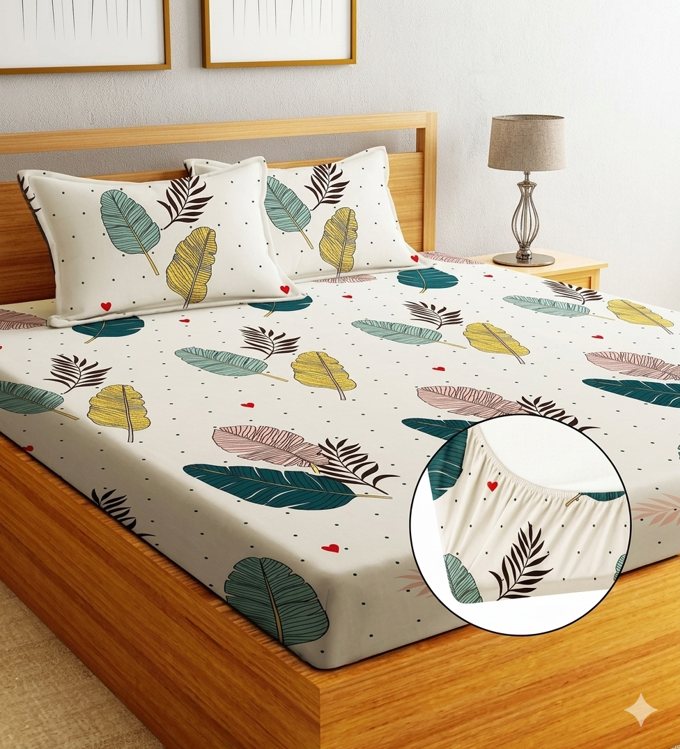 Premium Tropical Leaf Print Elastic Fitted Bedsheet Set (with Matching Pillow Covers)
