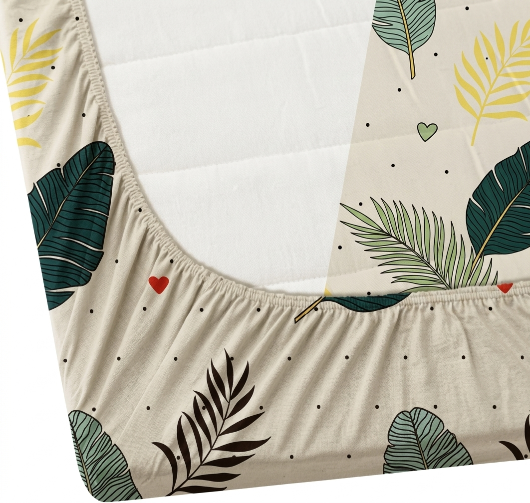 Premium Tropical Leaf Print Elastic Fitted Bedsheet Set (with Matching Pillow Covers)