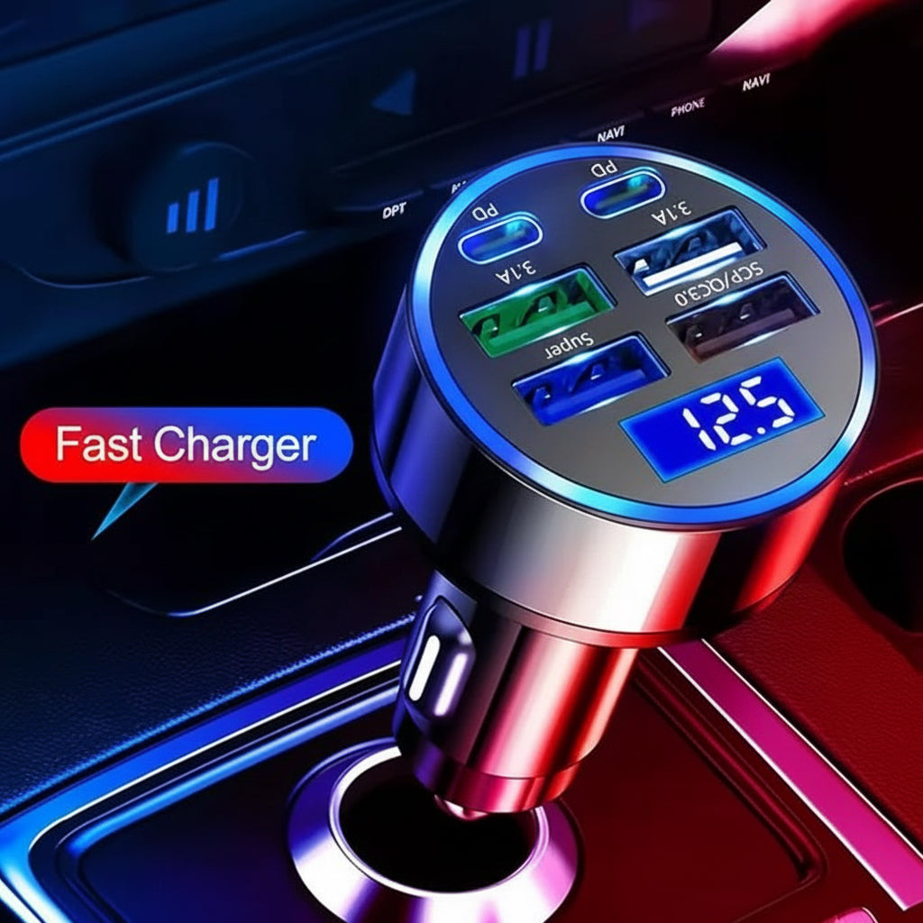 6 Ports Fast Car Charger with Voltage Monitor,Car Cigarette Lighter (ALL IN ONE )