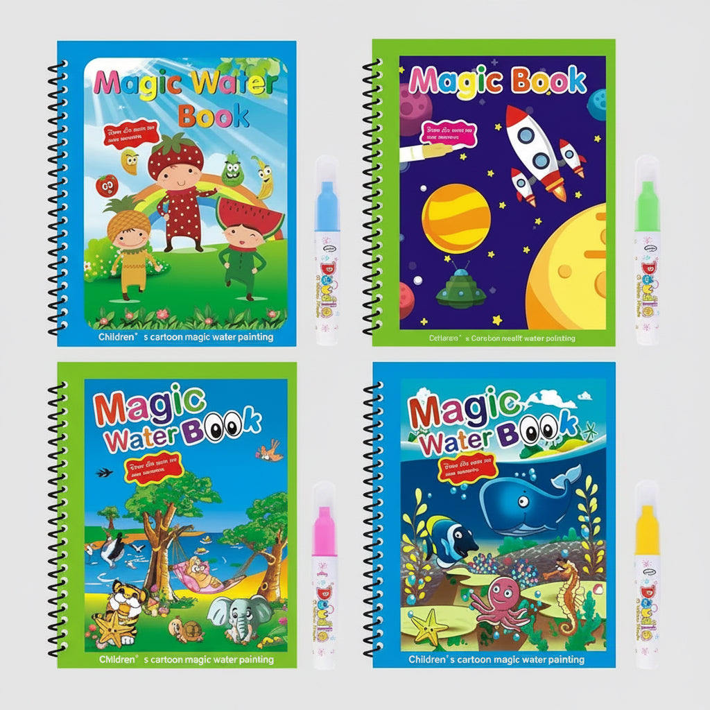 Magic Water Coloring Book Set – 4 Reusable Aqua Painting Books with Water Pen for Toddlers & Kids , Educational Drawing & Learning Toy
