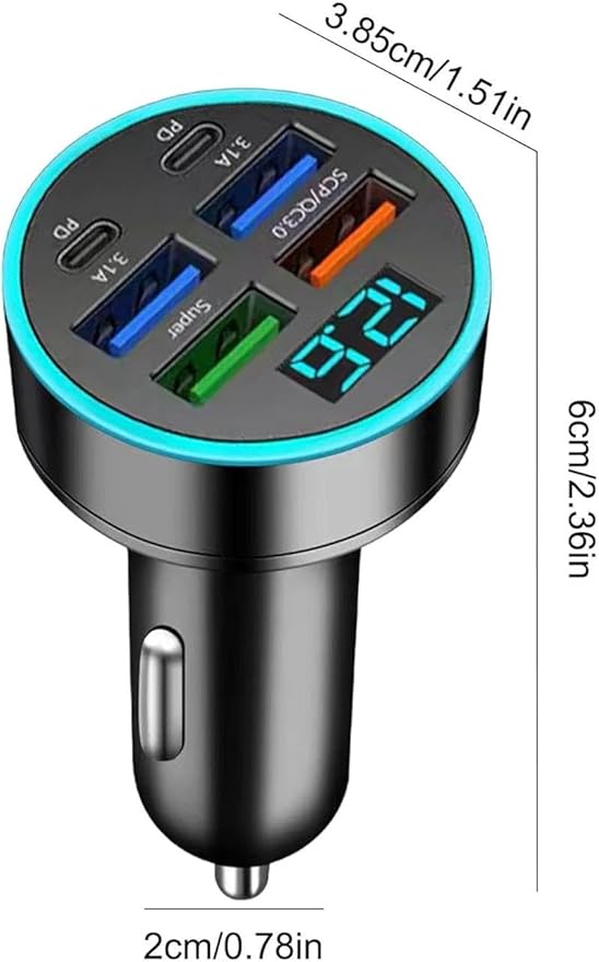 6 Ports Fast Car Charger with Voltage Monitor,Car Cigarette Lighter (ALL IN ONE )
